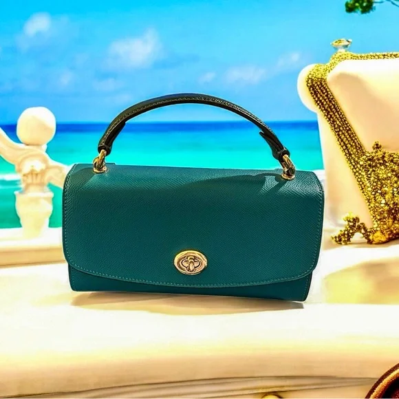 Rare! COACH Tilly Satchel 23 in Turquoise/Teal Colorblock - Picture 7 of 12